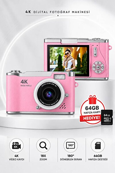 Omaze 4K Dijital Fotoğraf Makinesi 18X Zoom 180° Dönen Flip Ekranlı Flaşlı Vl...