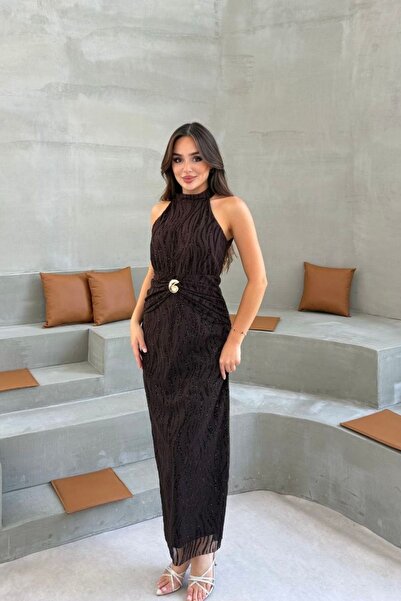 moda poni Silvery Wave Patterned Halter Neck Long Evening Dress with Tie Detail