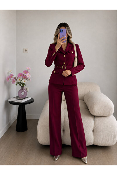 Ekim Store Belted Gold Buttoned Jacket Trousers Double Blazer Suit