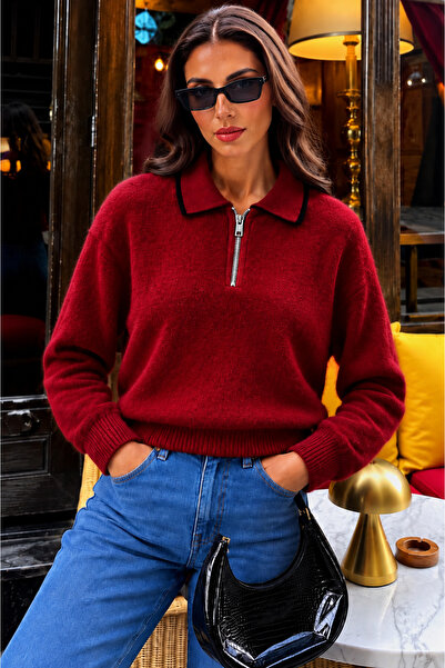 EGEMS TRİKO Women's Zippered Sweater with Beard Thread Detail