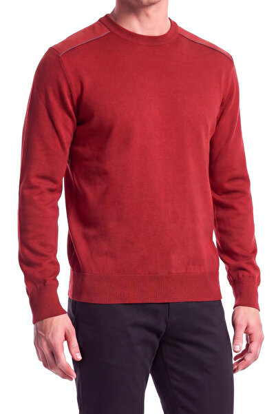PAUL&SHARK Men's Regular Fit Round Collar Woven Fabric Long Sleeve Red Sweater
