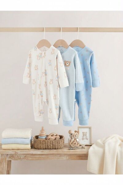 Next Baby Pamuklu Beyaz Mavi Baskılı 3'lü Tulum Set