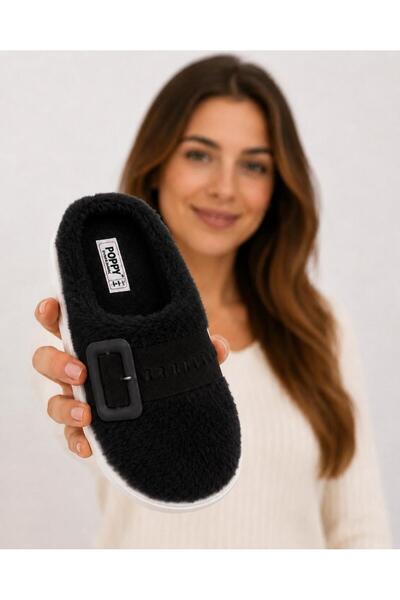 redtan Women's Black Plush Slippers with Furry Buckle, Warm Sole, Comfortable...