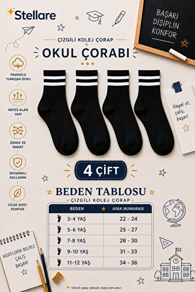 stellare 4 para bešavnih prugastih školskih čarapa za decu