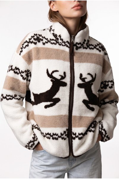 Mixray 4981 Women's Soft Textured Fleece Sweatshirt with Deer and Snow Motif Pockets