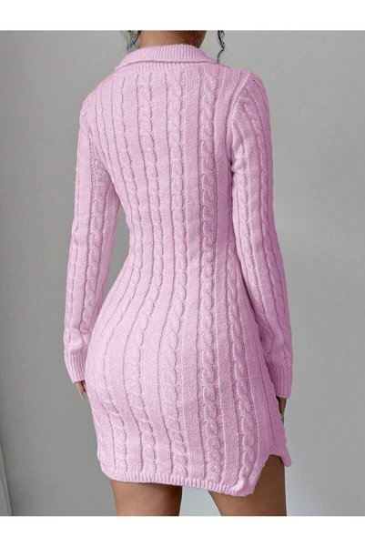 S.ÇLK Women's Polo Collar Hair Knit Patterned Button Detailed Long Sleeve Mini Knitwear Dress