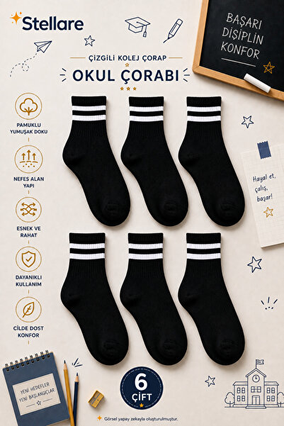 stellare 6 pari bešavnih prugastih školskih čarapa za decu