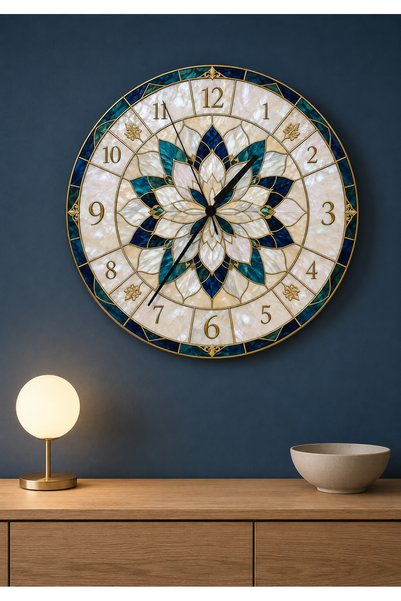 AA Shop ve Vitray Görünümlü Dekoratif Baskılı Ahşap Duvar Saati 45 cm Sessiz Akar Mekanizma 887