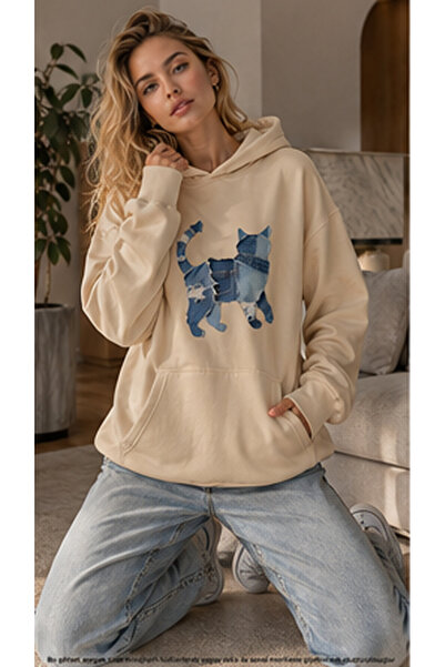 caddekombin Women's Denim Effect Cat Figure Print Hooded Cotton Casual Sweats...