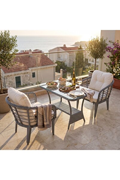 Tu Tienda KARTEPE 2 TEKLİ OTURAK+SEHPA(60*90) BAHÇE BALKON MUTFAK TAKIMI,GRİ RATTAN / KREM KUMAŞ