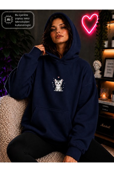 caddekombin Women's Cute Kitten Printed Hooded Kangaroo Pocket Cotton Casual ...