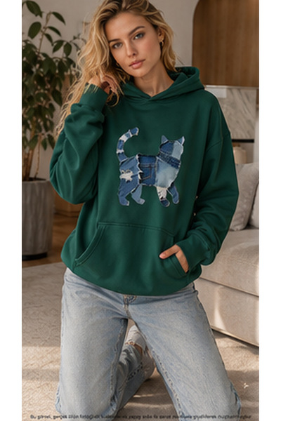 caddekombin Women's Denim Effect Cat Figure Print Hooded Cotton Casual Sweats...