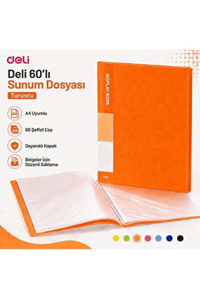 Deli A4 60'lı Sunum Dosyası 60 Şeffaf Cepli Display Book Evrak Belge ve Proje...
