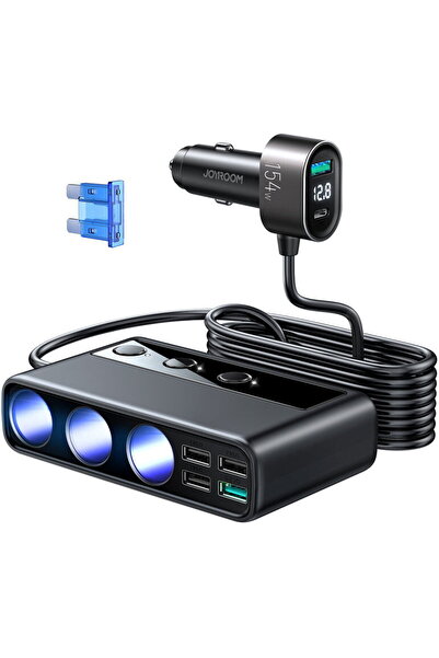 Joyroom Incarcator Auto JR-CL06, 154W, 3A, 4 x USB-A - 1 x USB-C - 4 x Extens...