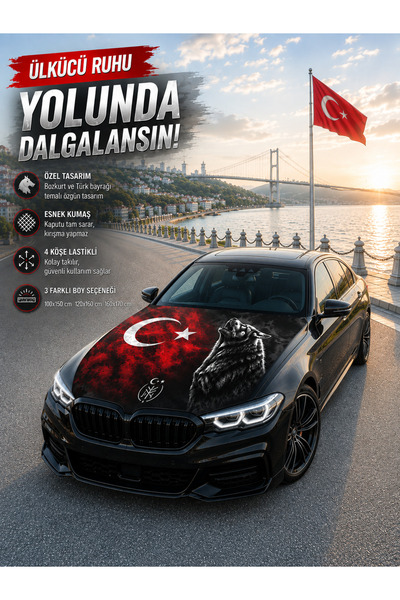 TİCARET ATÖLYESİ Ay Yıldız Bozkurt Desenli Premium Kaput Bayrağı 120X160 CM
