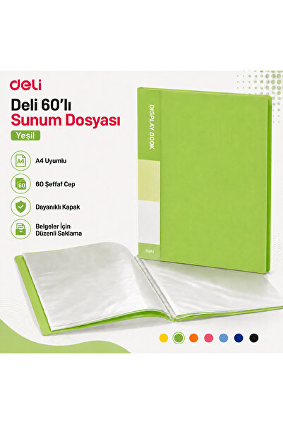 Deli A4 60'lı Sunum Dosyası 60 Şeffaf Cepli Display Book Evrak Belge ve Proje...