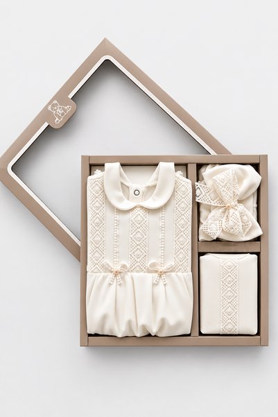 BABYDEN'S Baby Girl 5-Piece 100% Cotton Mevlüt Set Hospital Discharge Set Ruffled Lace Scalloped Newborn Baby Set