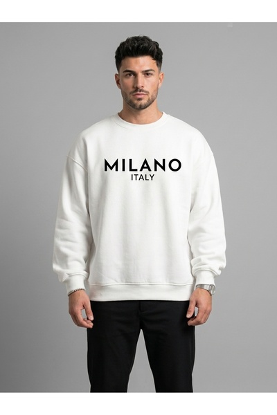 ZAVIXO Oversize Sweatshirt Milano Italy Minimal Yazı Baskılı Bisiklet Yaka Uz...