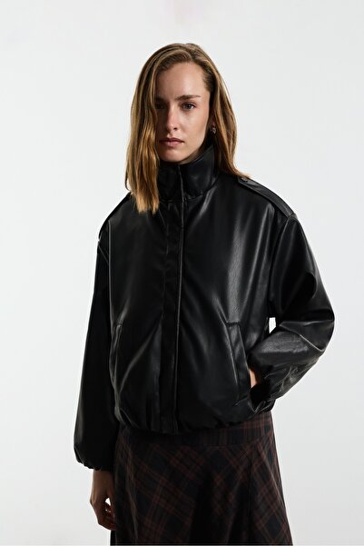 LEFTIES Suni deri crop bomber ceket