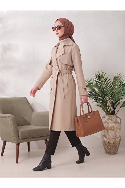 B.HE.Z Double-Breasted Collar Bondik Water Repellent Fabric Lined Trendy Model Below the Knee Trench Coat Stone