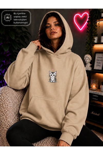 caddekombin Women's Cute Kitten Printed Hooded Kangaroo Pocket Cotton Casual ...