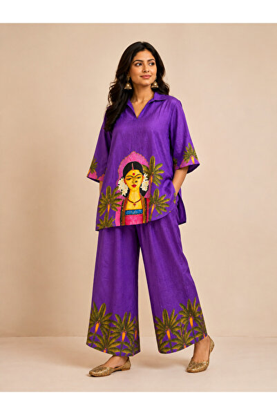 Devoiler Women’s Purple Artistic Print Co-Ord Set – Relaxed Fit Shirt & Wide-...