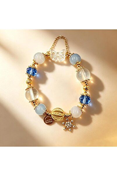 Generic Brand Blue‑Tone Mixed Beaded Bracelet, Palace‑Style Bow & Snowflake C...