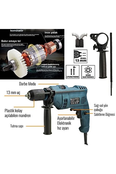 PH016 13 mm Elektrikli Darbeli Matkap Profesyonel Matkap Mavi