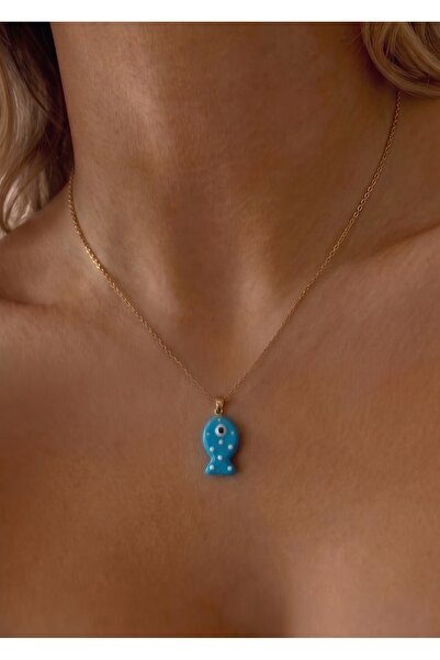 KİLİGİSTANBUL Steel Blue Fish Necklace Gold Color Necklace 45 cm (+5 cm Exten...