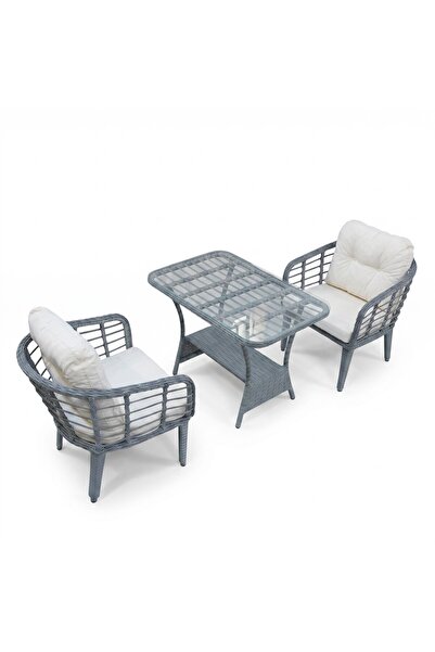 Tu Tienda KARTEPE 2 TEKLİ OTURAK+SEHPA(60*90) BAHÇE BALKON MUTFAK TAKIMI,GRİ RATTAN / KREM KUMAŞ