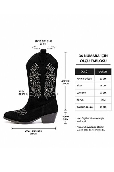 Preshley Kadın Clind Siyah Süet Nakişlii Western Kovboy Bot & Çizme