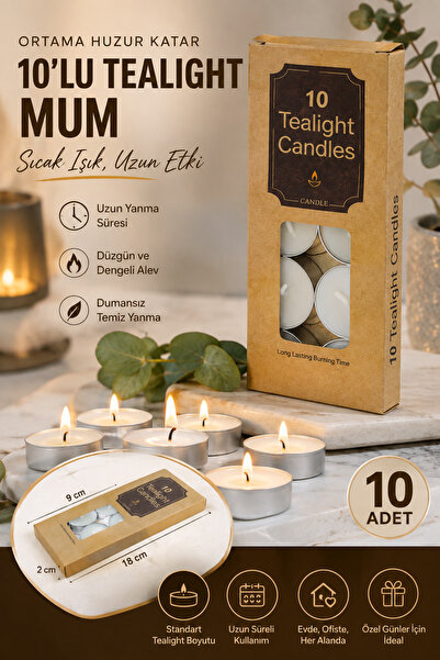 AKBA HOME 10’lu Tealight Mum Seti – Uzun Yanma Süreli Beyaz Dekoratif Tablet ...