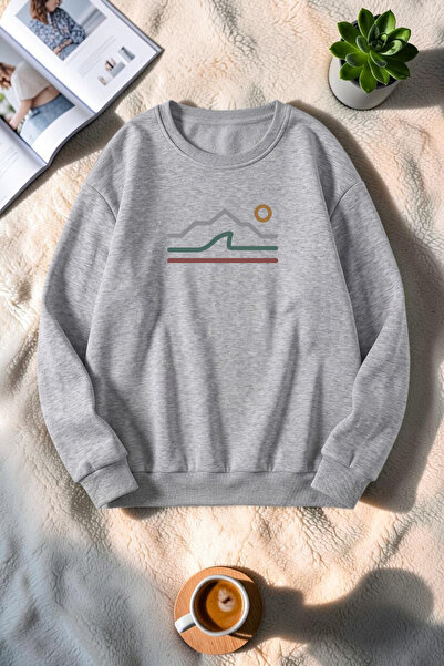 trendypassion Unisex Striped Mountain Print Crew Neck Sweatshirt