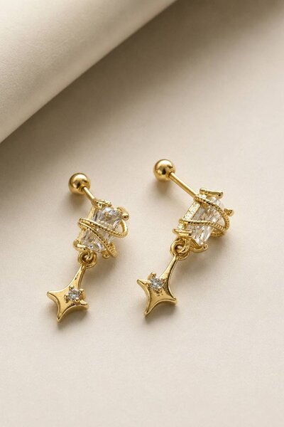 TAKIŞTIR 2'li Altın Renk Taş Detaylı Tx Tragus/Kıkırdak Küpe/Piercing