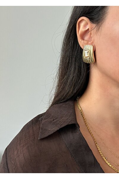 ringbox Light Orange Stone Quadrilateral Earrings