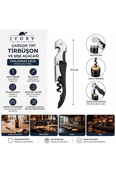 IVORY Garson Tipi Tirbuşon ve Şişe Açacağı Paslanmaz Çelik Profesyonel Şarap ...