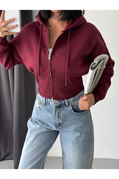 BE CHİC Women's Burgundy Hooded Corset Detail 3-Strand Interlaced Crop Sweats...