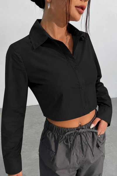 oshebu Black - Women's Long Sleeve Crop Shirt