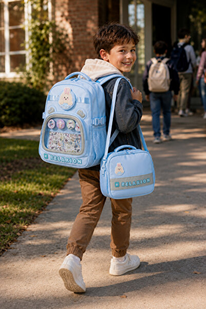 DODOMAR School Bag Set of 3 Blue Backpack Lunch Bag Pen Holder Orthopedic Wat...