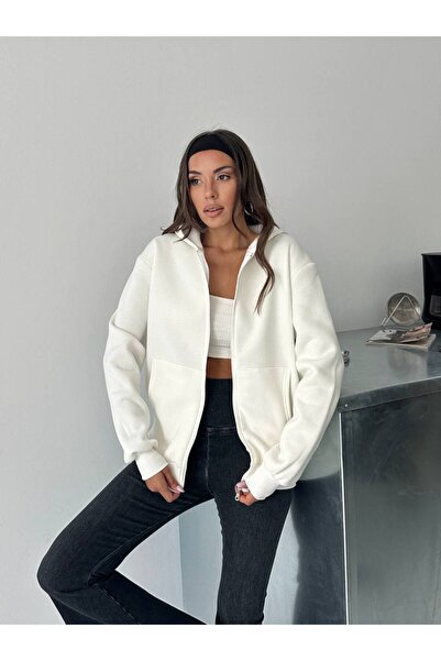 BE CHİC Women's White Hooded Sweatshirt with Pockets and Zipper, 3-Thread Int...