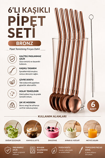 Yenilig 6-Piece Metal Straw Set with Spoon, Bronze Stainless Steel Reusable S...