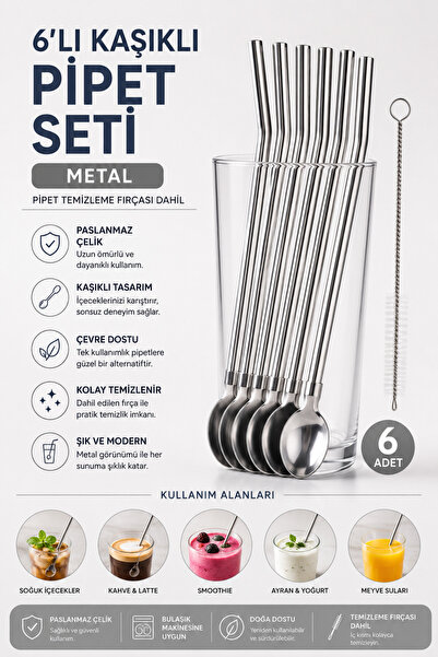 Yenilig 6'lı Kaşıklı Metal Pipet Seti Bronz Paslanmaz Çelik Yeniden Kullanıla...