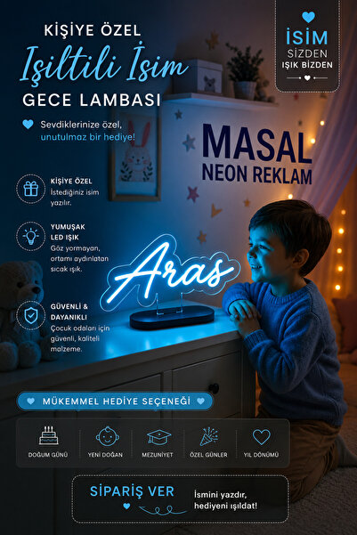 MASALNEON Kişiye Özel İsimli LED Gece Lambası - Çocuk Odası Bebek Gece Lambas...