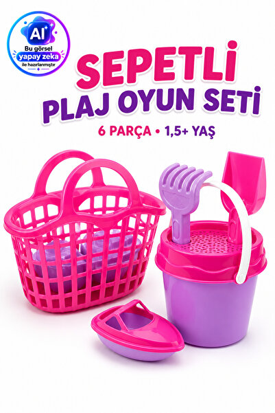 YILDIRIM OYUNCAK Sepetli 6 Parça Plaj Oyun Seti – Kova, Elek, Kürek, Tırmık v...