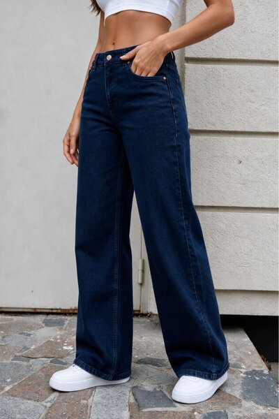 BİKELİFE Women's Navy Blue Wide Leg High Waist Jeans
