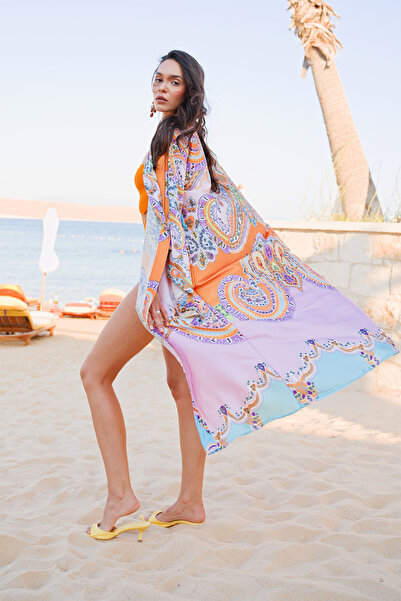 Mita Concept Colorful Patterned Satin Bat Sleeve Kimono