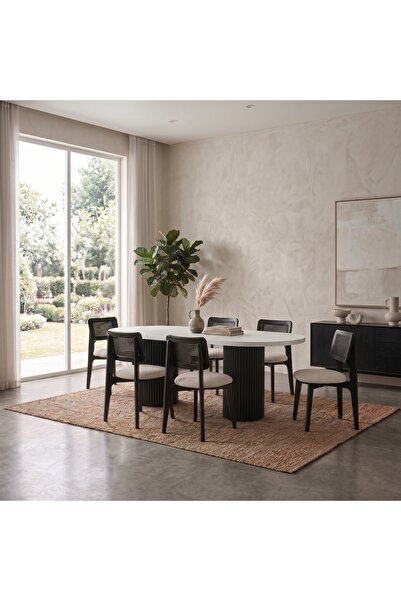 TIMELESS HOME 6'lı Komple Siyah Doğal Hazeranlı Zion Sandalye ve 180 cm Beyaz...