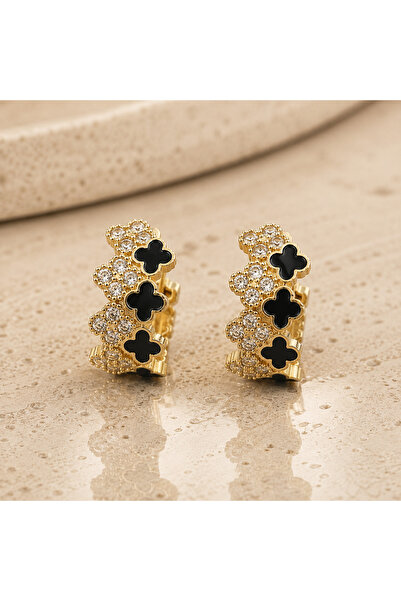 BLUEVELL JEWELRY Kadın Çelik Küpe Altın Kaplama Siyah Yonca Taşlı Halka Küpe ...