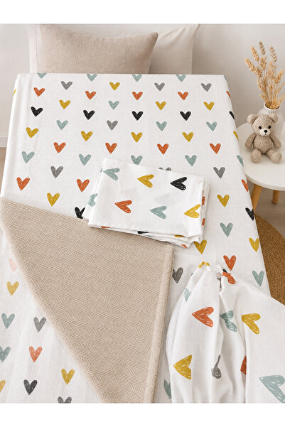 FLAMEL Baby Duvet Cover Set Muslin Top Knitted Pique Bottom Colorful Heart Pa...