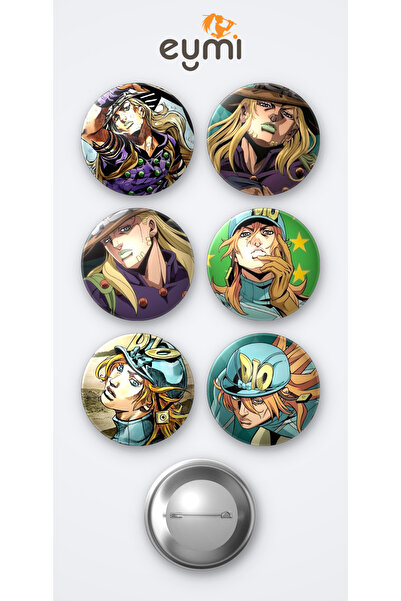 Eymi Design Jojo Gyro Zeppeli Anime ve Diego Brando Anime 6'lı Metal Rozet Se...